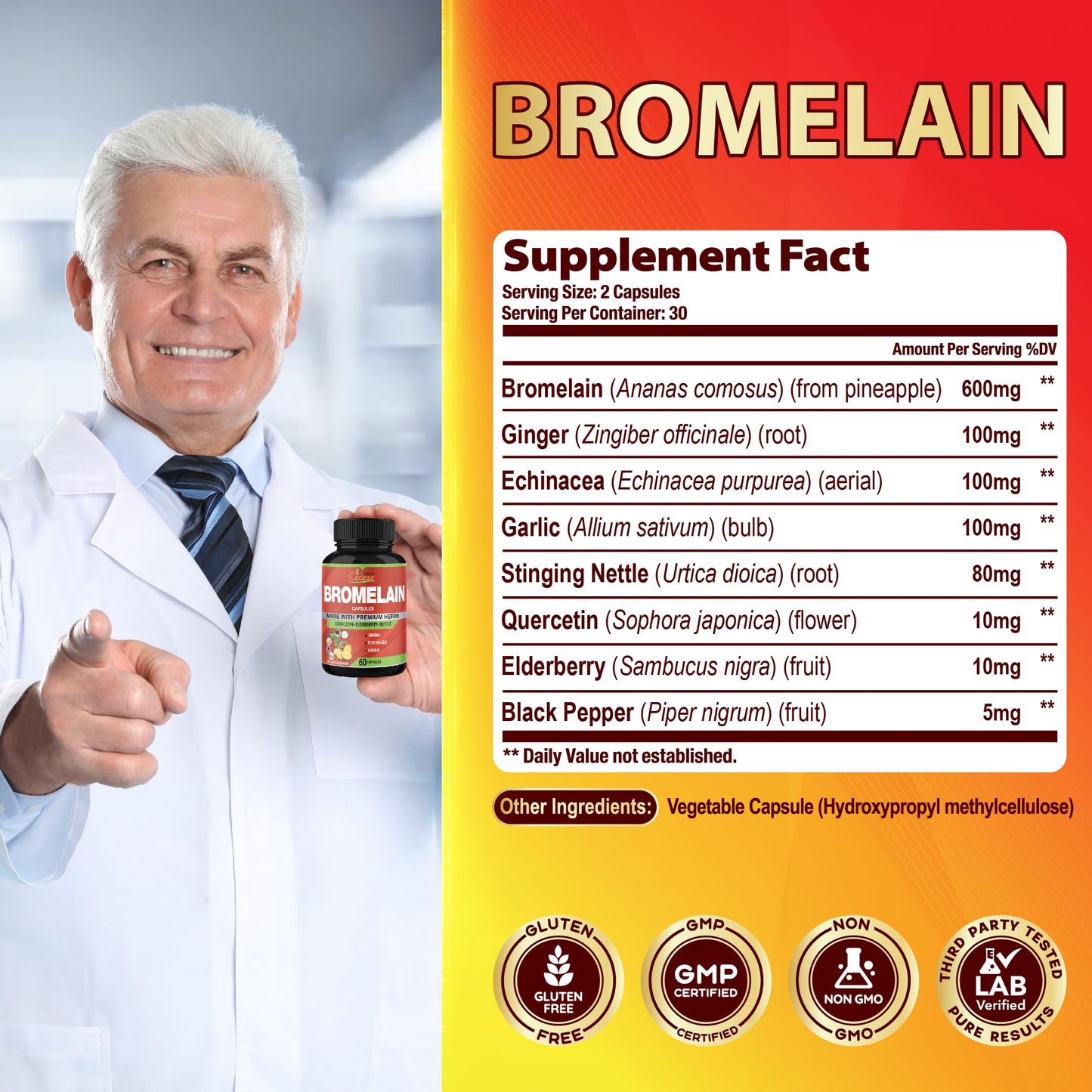 Organic Cadane Bromelain Extract Capsules, 60 Capsules