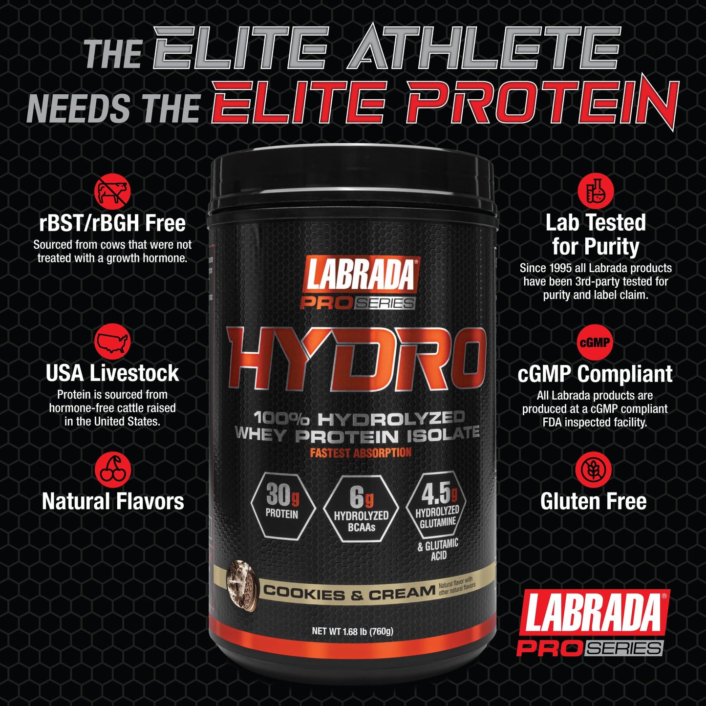 Labrada Hydro 100% Pure Hydrolyzed Whey Protein Isolate Powder, Lactose Free, 1.68 Pound