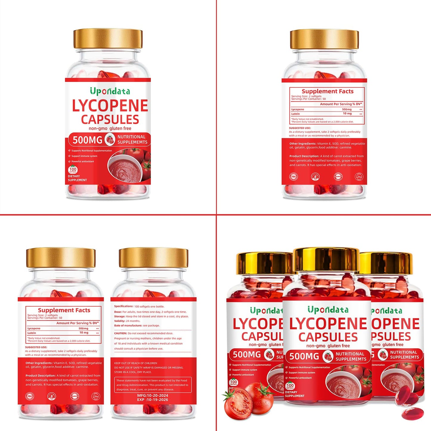Upondata Lycopene Capsules 500mg, 100 Count