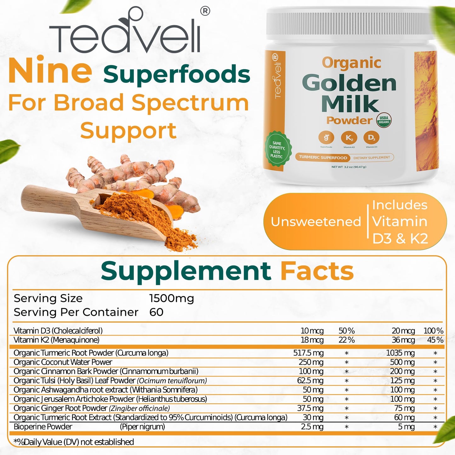 Teaveli Organic Golden Milk Powder with Vitamin D3 & K2 and Pharma GABA Supplement Bundle, Powder, 2-Pack