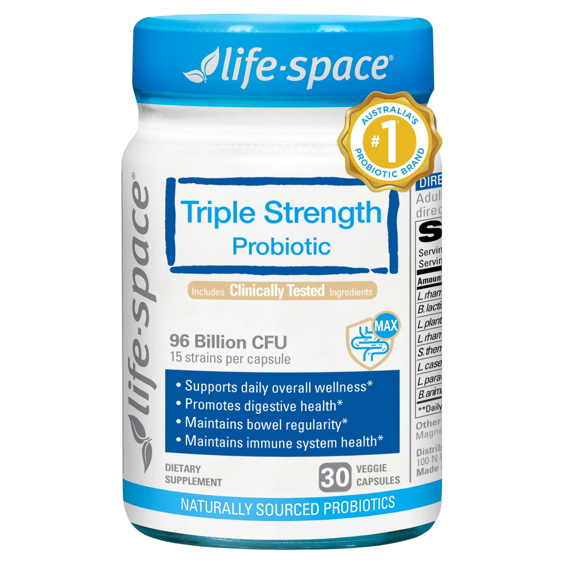Life-Space Triple Strength Broad Spectrum Probiotic Capsules, 96 Billion CFU & 15 Strains, 30 Veg Capsules