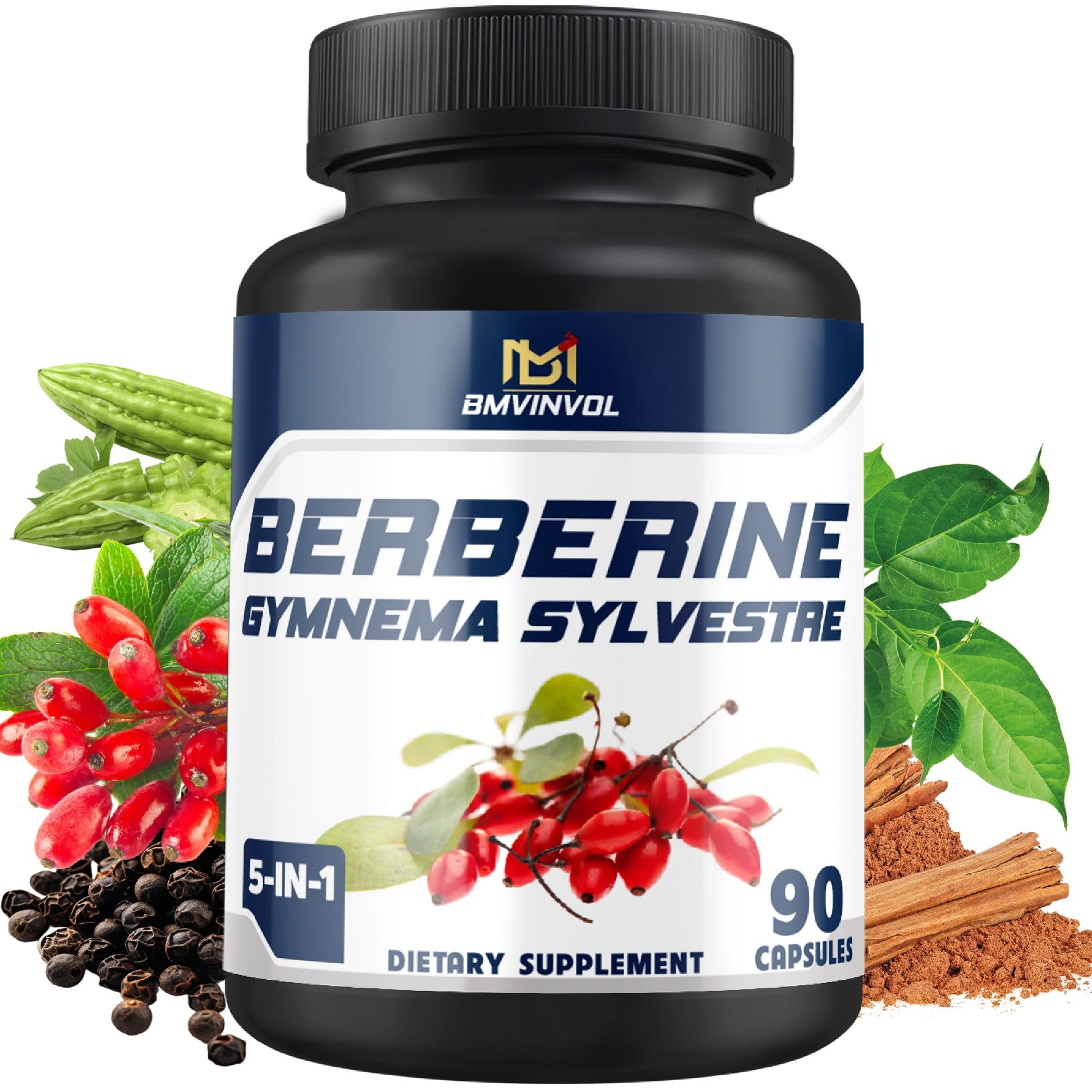BMVINVOL 5-in-1 Berberine Supplement with Ceylon Cinnamon, Gymnema Sylvestre, Bitter Melon & Black Pepper Capsule 90 Count