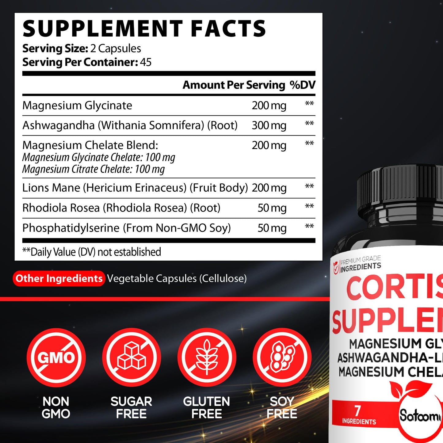 Satoomi 7in1 Cortisol Supplement Magnesium Glycinate with Ashwagandha, Magnesium Glycinate and Citrate Capsules, 90 Count