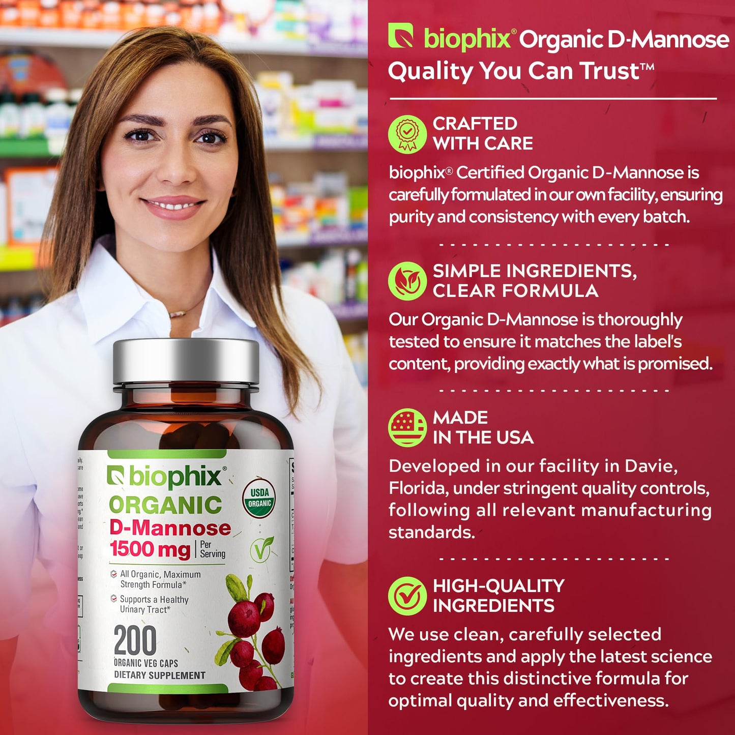 biophix D-Mannose 1500 mg Capsules, 200 Count, USDA Organic, Non-GMO, Vegan-Friendly