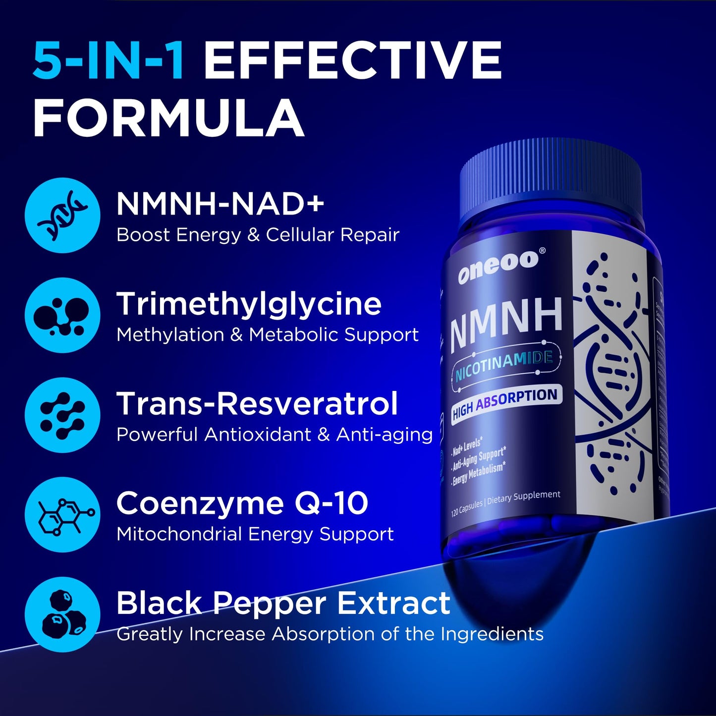 Oneoo NMNH Supplement with NAD Supplement Maximum Potency with Resveratrol & Pterostilbene, CoQ10 & Black Pepper, for Cellular Energy, Anti-Aging Support, Sirtuin Activation & Methylation Support, 120 Capsules