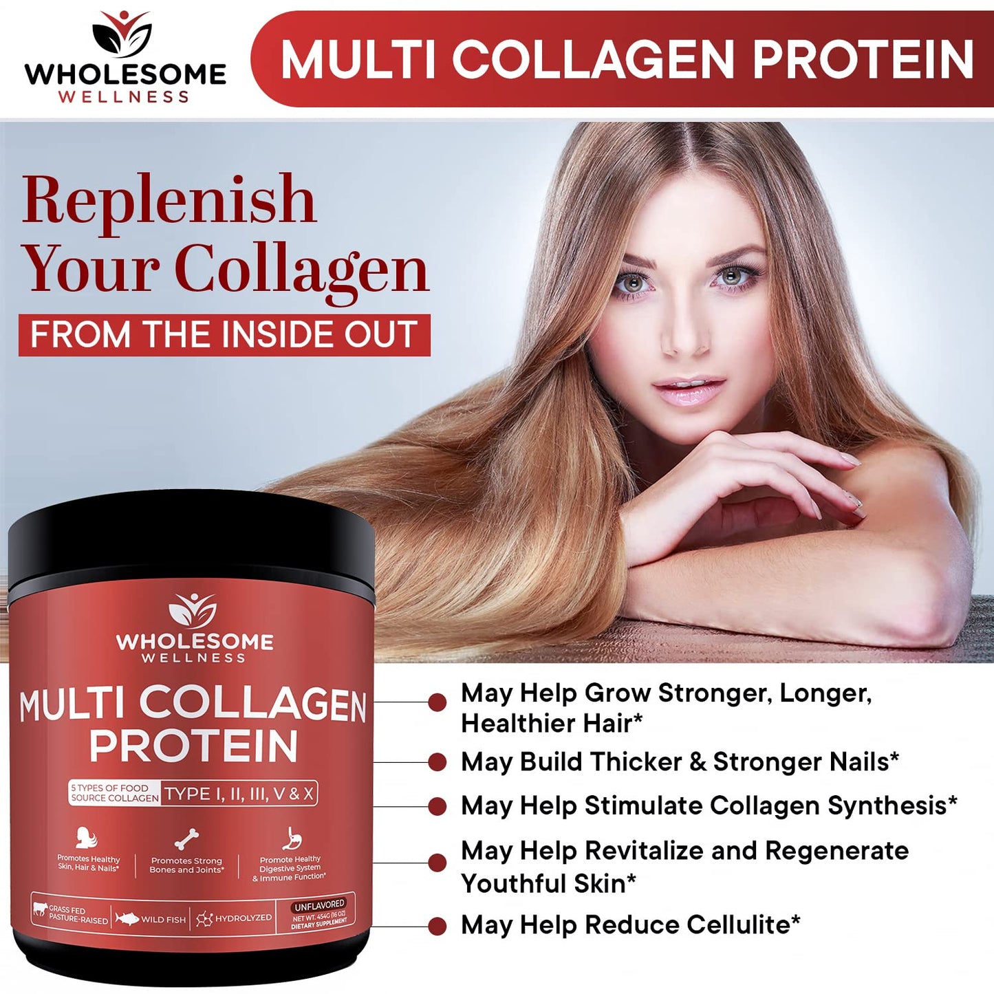 Wholesome Wellness Premium Multi Collagen Peptides Protein Powder, 16