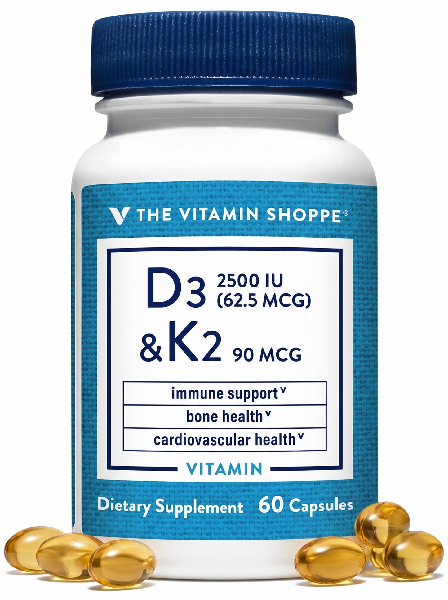 The Vitamin Shoppe Vitamin D3 2500 IU & K2 90 mcg with Calcium, D3 K2 MK7 Capsules, 60 Count