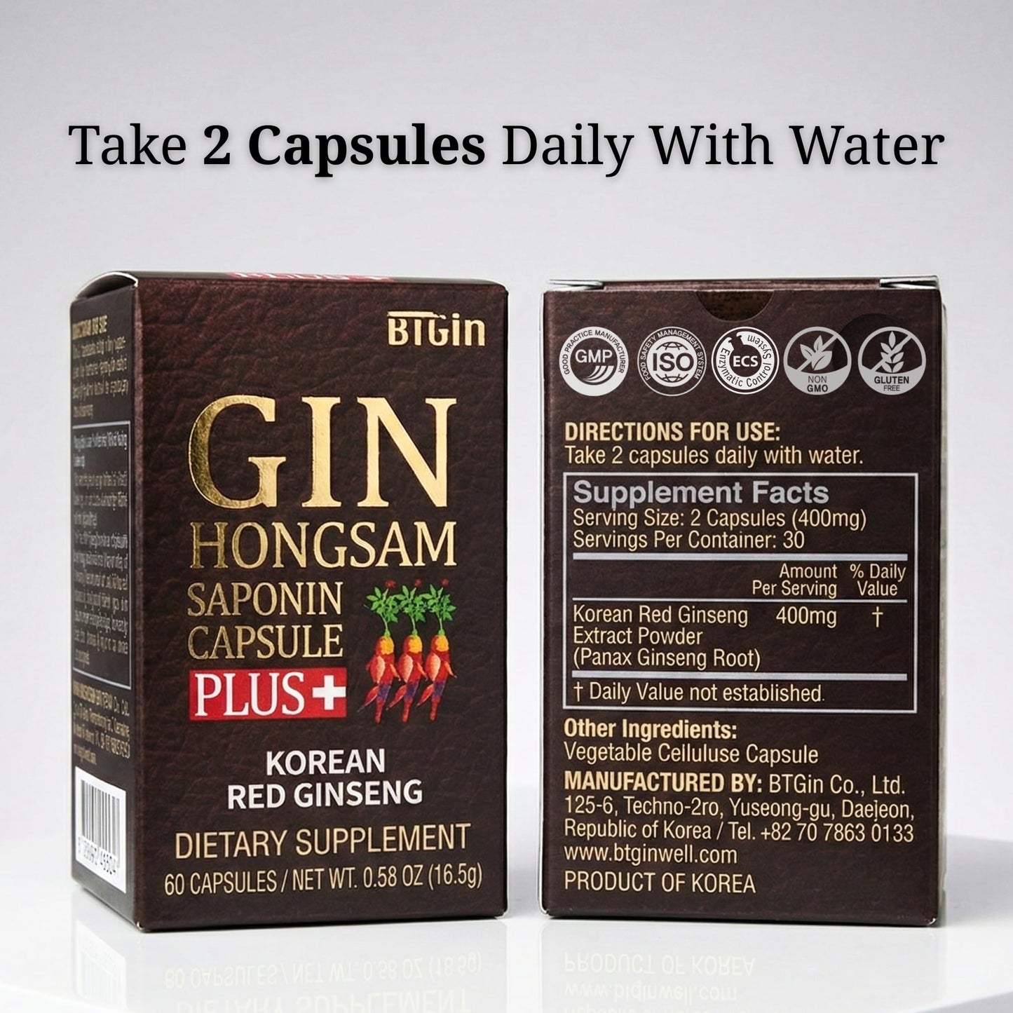 BTGIN Gin Hongsam Saponin Capsule Plus Korean Red Panax Ginseng Extract - High Rg3 & Compound K Supplement - Caffeine Free Extra Strength Energy, Focus & Immune Support - 60 Capsules