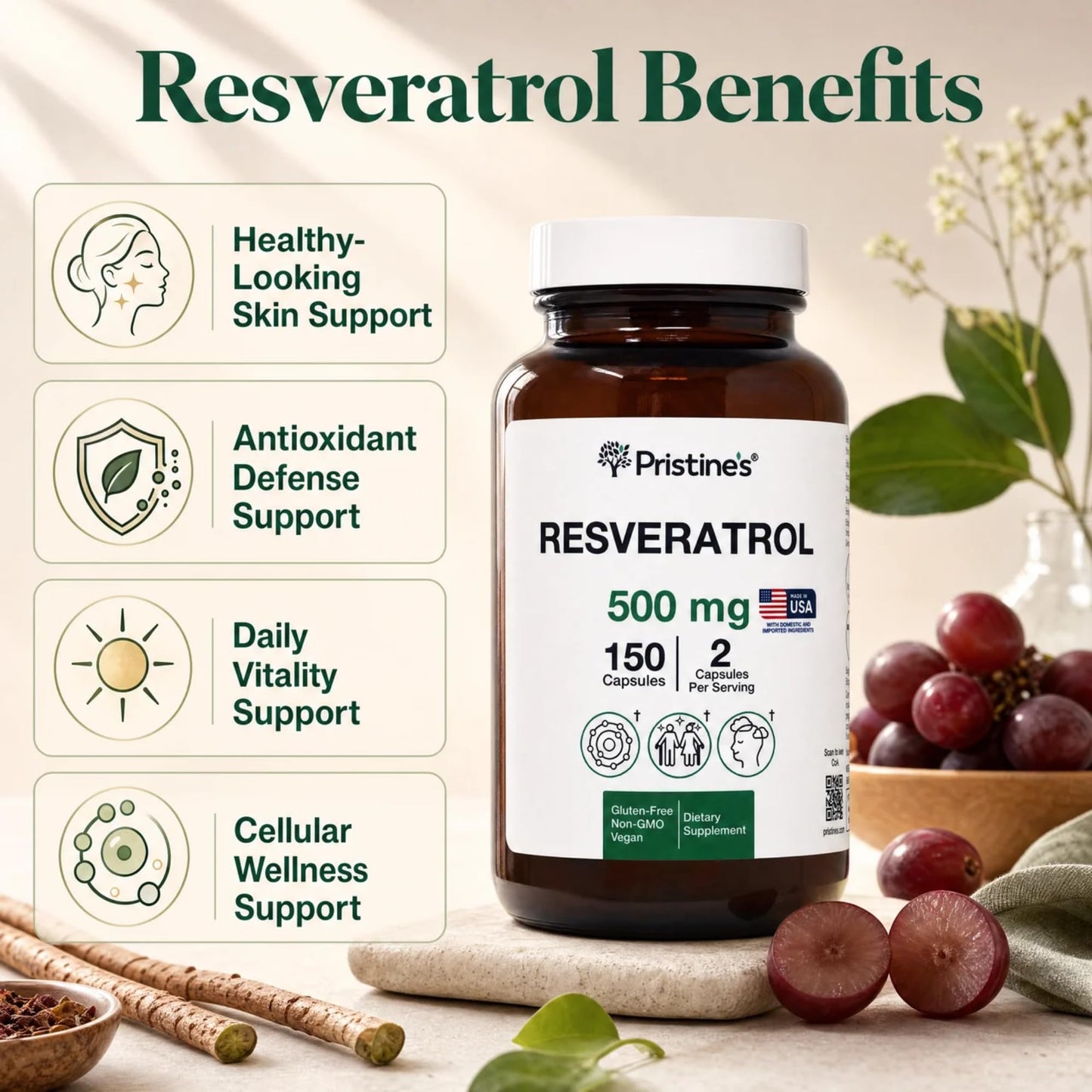 PRISTINE'S Resveratrol 500mg Capsules, 150 Count