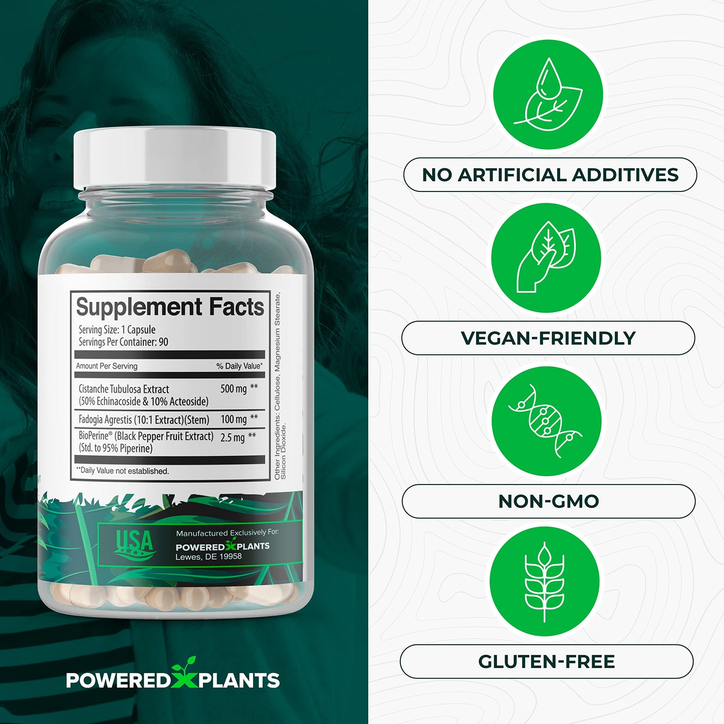 POWERED X PLANTS Cistanche Tubulosa with Fadogia Agrestis - Promotes Vitality - Natural Supplements for Men & Women with Bioperine Capsule, 90 Count