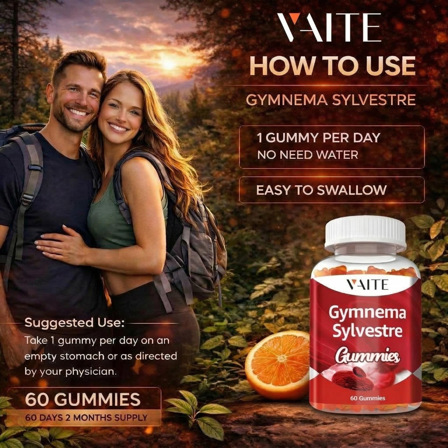 VAITE Gymnema Sylvestre 600mg 20:1 Leaf Extract Gummies, Non-GMO, Gluten-Free, Vegan-Friendly, 60 Gummies