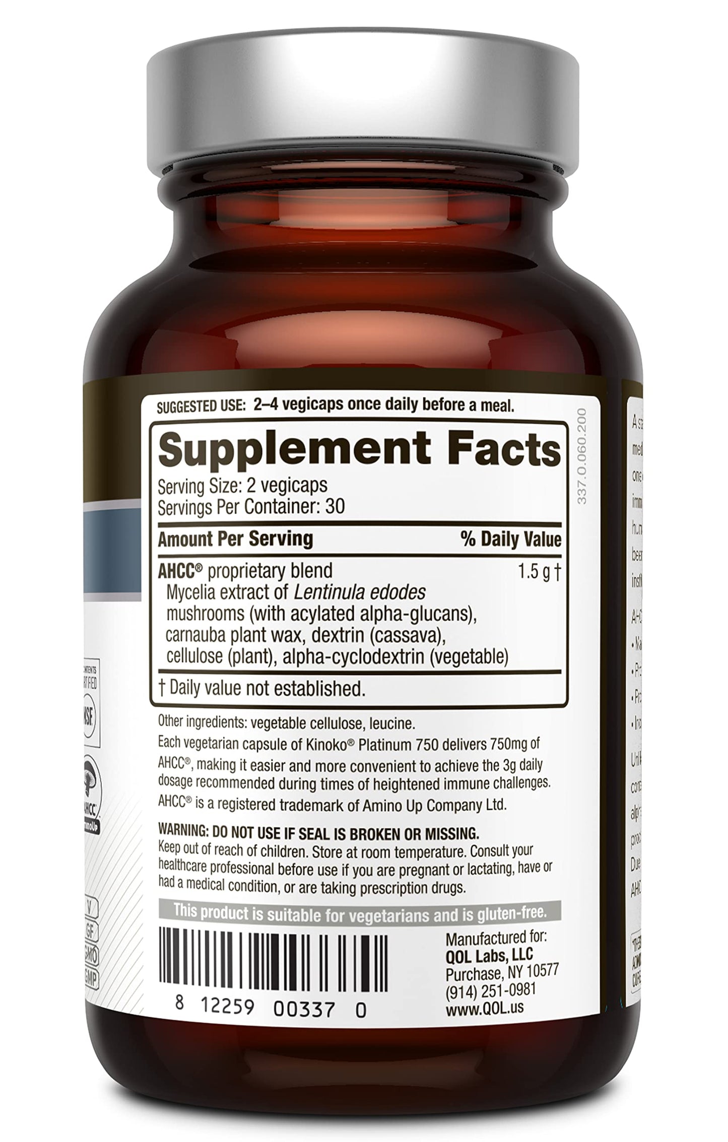 Quality of Life Kinoko Platinum AHCC 750 mg and Oligonol Lychee Extract Capsules, 90 Capsules
