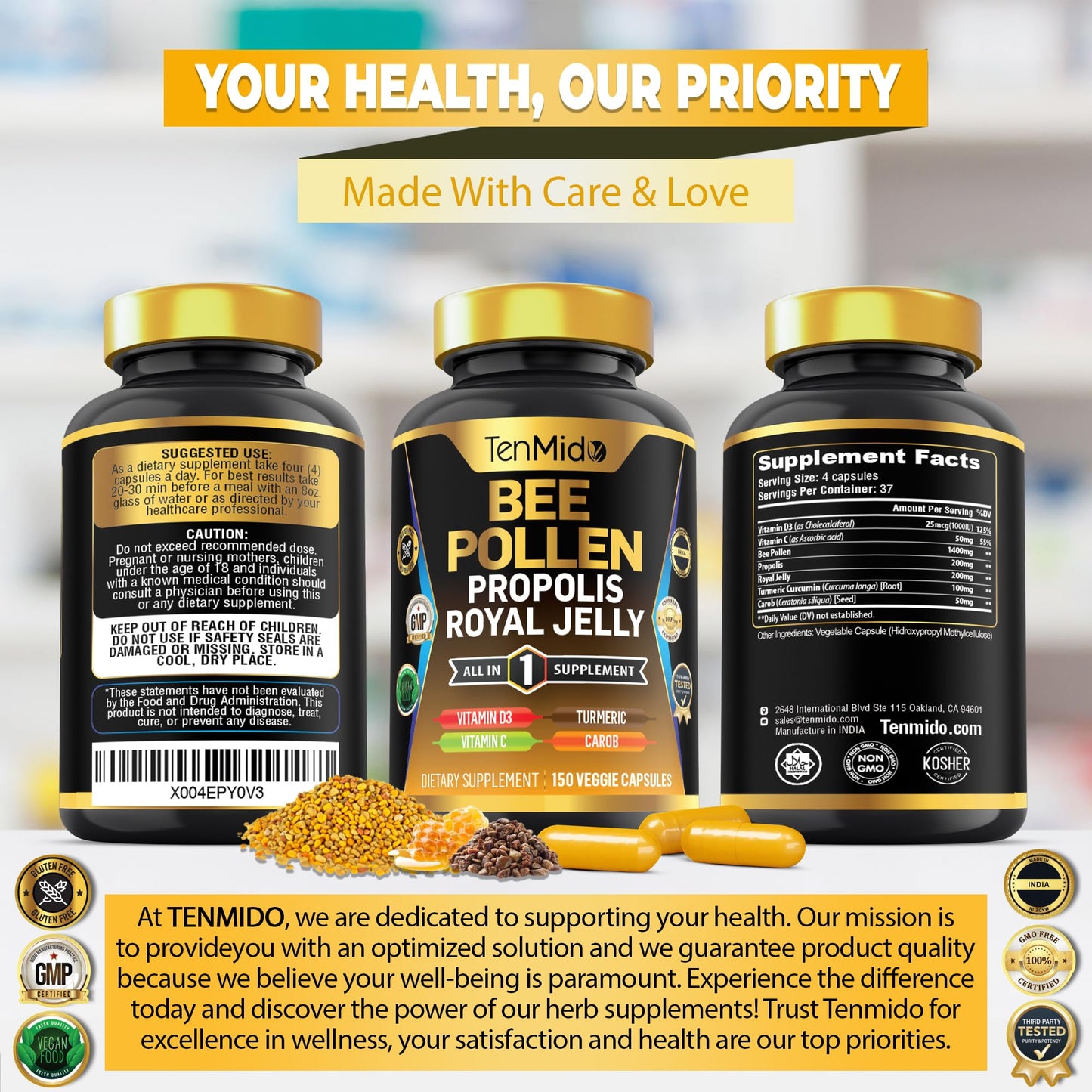 Tenmido Bee Pollen Capsules 150 Capsules