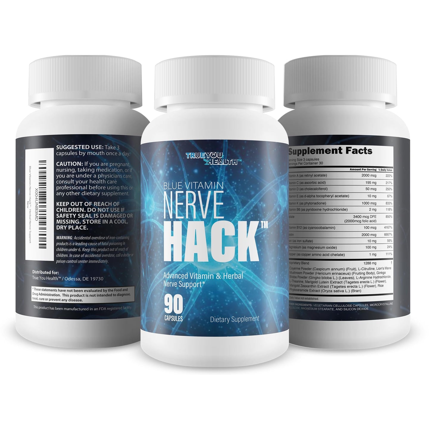 True You Health Blue Vitamin Nerve Hack Vitamin B12 Capsule 90 Count