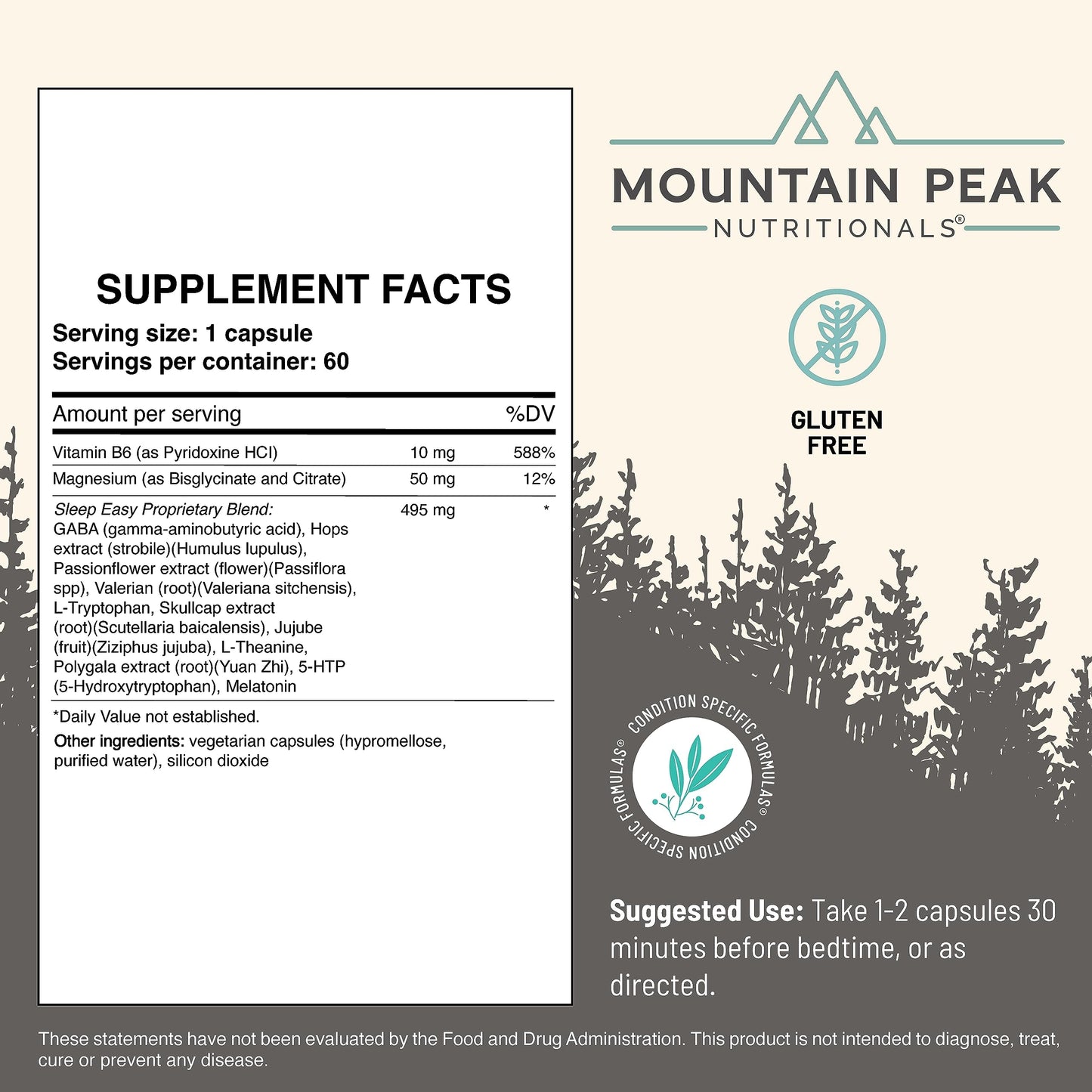 Mountain Peak Nutritionals Sleep Easy Sleep Support Supplement Promoting A Relaxed & Calm Mood - 5-HTP, Amino Acids, Melatonin, & Magnesium - Hypoallergenic Dietary Supplement, 60 Capsules