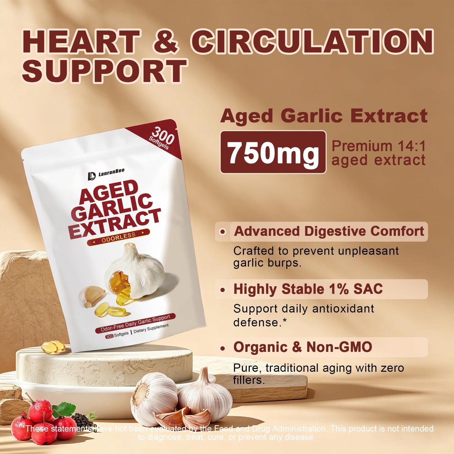 LanranBee Aged Garlic Extract 750mg Capsule, 300 Capsules