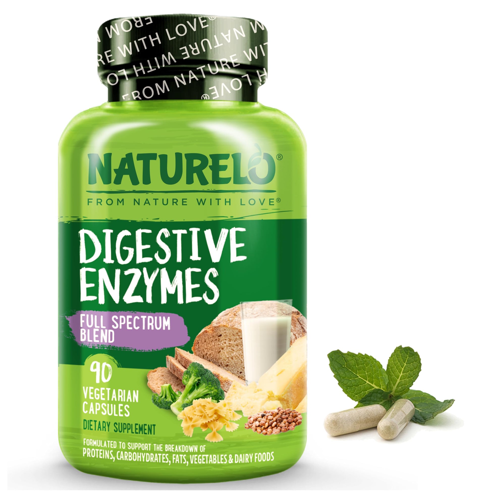 NATURELO Digestive Enzymes - Full Spectrum Support with a Broad Blend of 15 Enzymes Plus Ginger, 90 Capsules