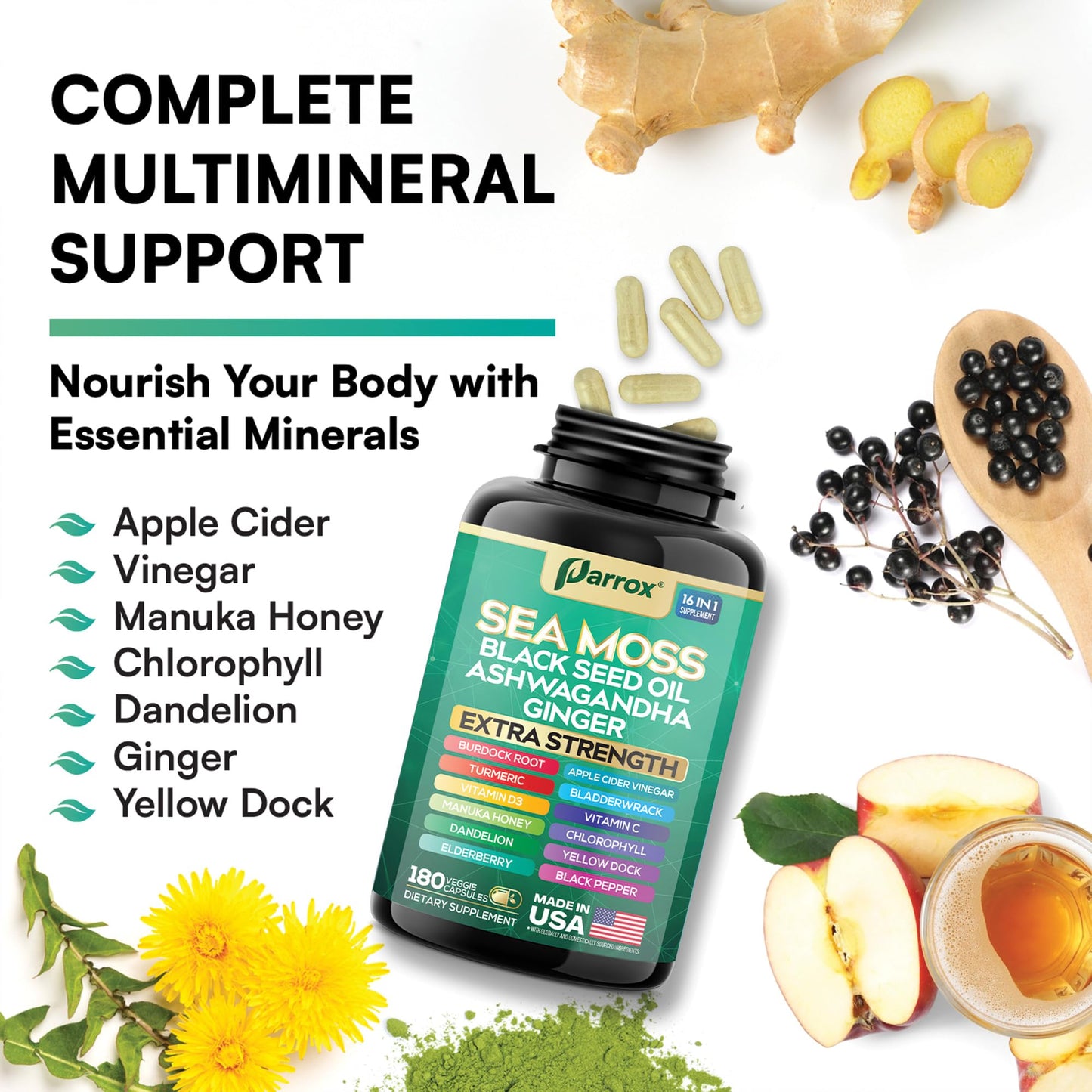 Parrox Sea Moss Black Seed Oil Supplement, 16-in-1 Ashwagandha Capsule, 180 Count