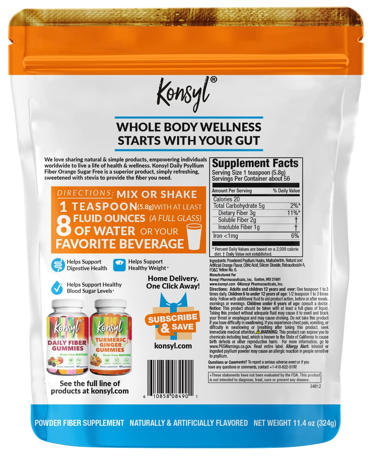 Konsyl Psyllium Fiber Orange Sugar Free Powder 11.4 oz