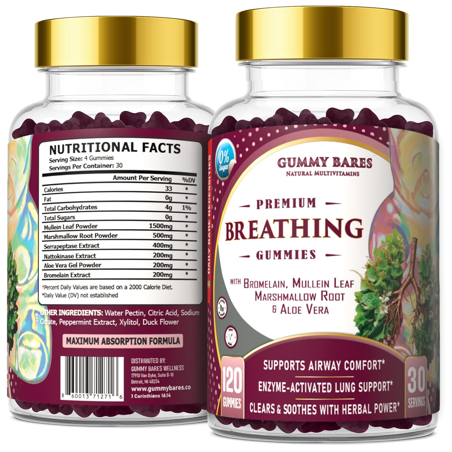 Gummy Bares Natural Multivitamins Mullein Leaf & Marshmallow Root Gummies - Lung Cleanse & Mucus Removal with Bromelain, Nattokinase, Serrapeptase Detox, 80 Count