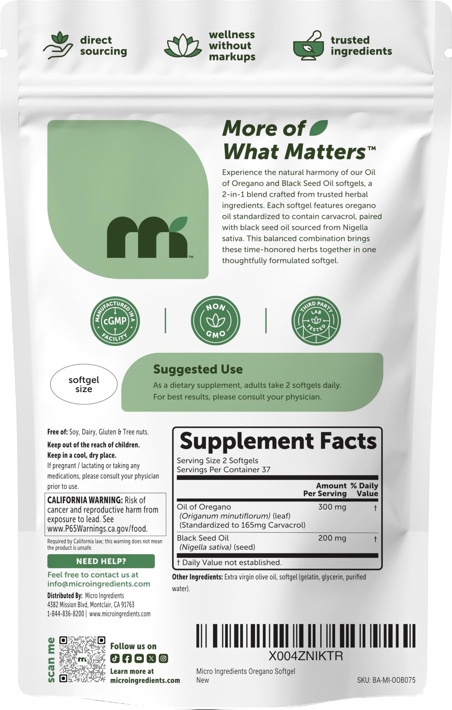 Micro Ingredients Oil of Oregano with Black Seed Oil Softgels, 75 Count