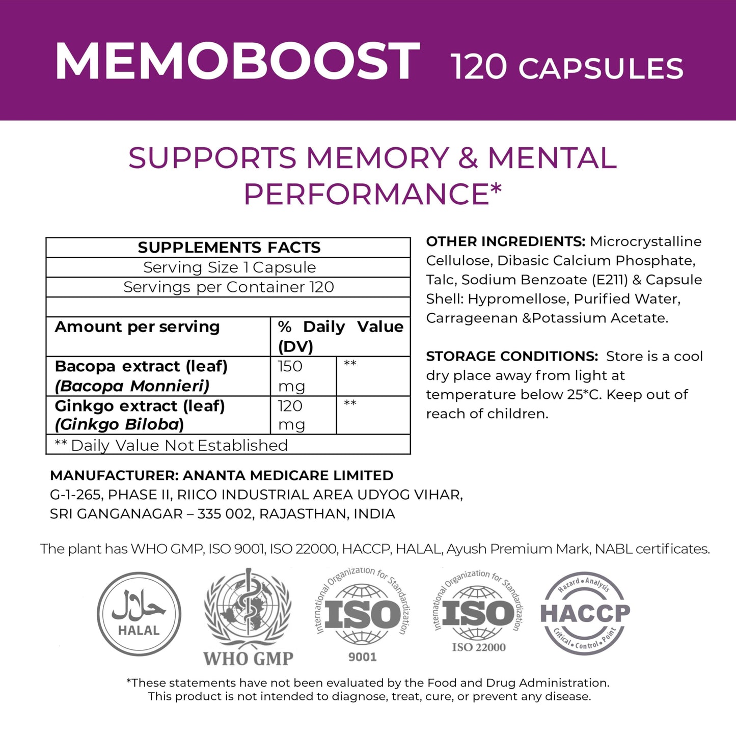 Ananta Medicare USA MemoBoost Memory Supplement - Natural Brain & Clarity Tablet, 1 Count