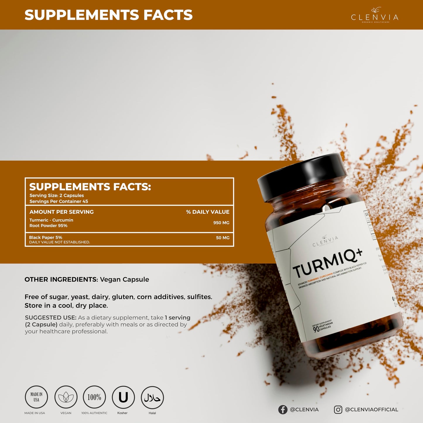 CLENVIA Turmiq Plus Turmeric Curcumin Supplement with Black Pepper 1000mg High-Strength Formula 95% Curcuminoids Capsules, 90 Count