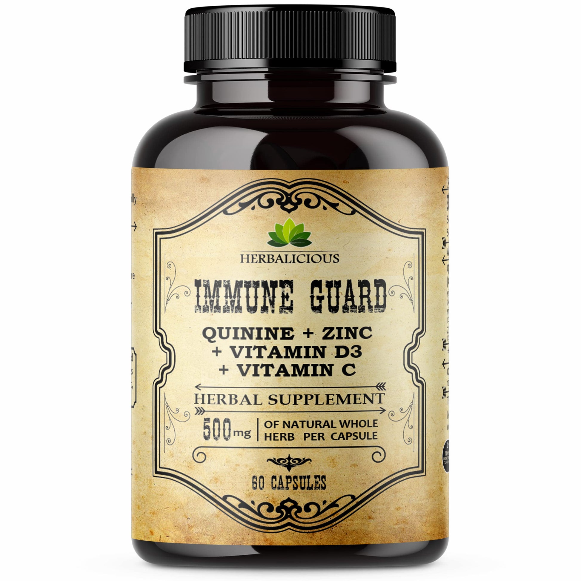 HERBALICIOUS Quinine Immune Guard with Vitamin C, D3, Zinc, 500mg, 60 Capsules