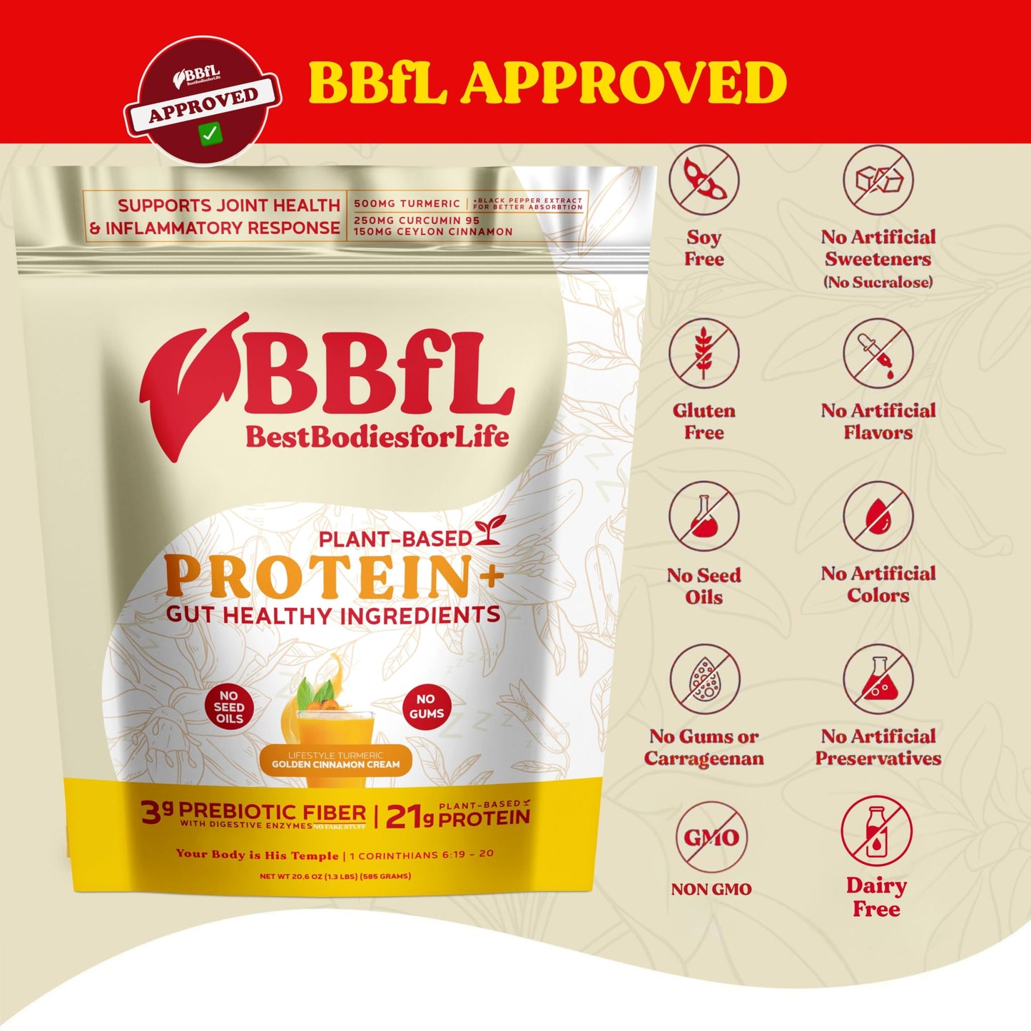 BBfL Plant-Based Protein Shake Powder 14.7 oz – 21g Vegan Protein, Turmeric + Curcumin 95 + Ceylon Cinnamon, Prebiotics, Digestive Enzymes, All-in-One Shake, Supports Inflammatory Response, 15 Servings