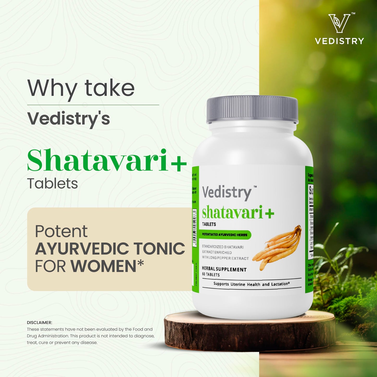 Vedistry Shatavari+ Tablets for Hormonal Balance, Menopause Support with Shatavari & Piperine, Lactation & Uterine Vegan Herbal Supplement for Energy, Reproductive Health with Long Pepper, 60 Tablets