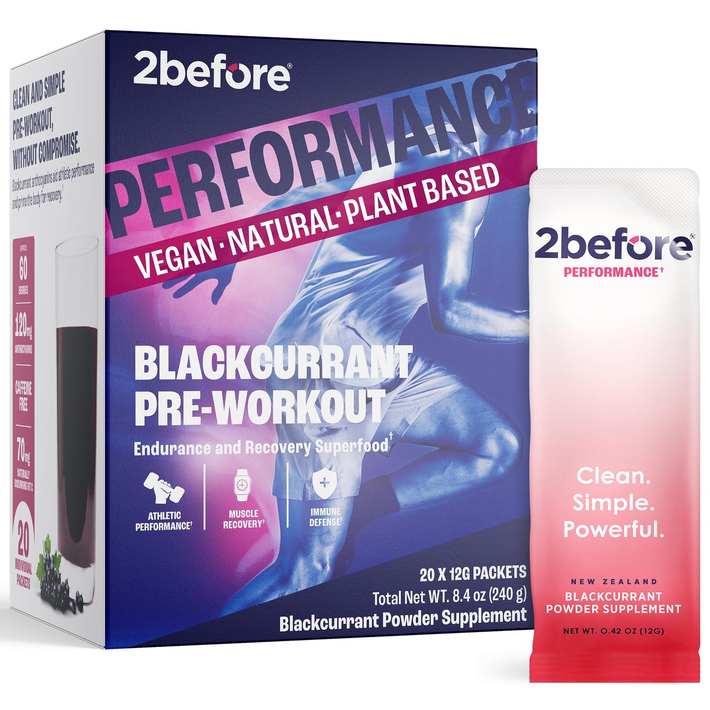 2before Blackcurrant All Natural Vegan Pre Workout, Caffeine Free Powder 8.4 oz