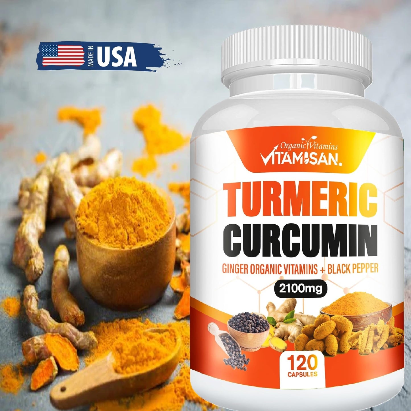 VITAMISAN Turmeric Curcumin 2100mg with Ginger & Black Pepper, 240 Capsules