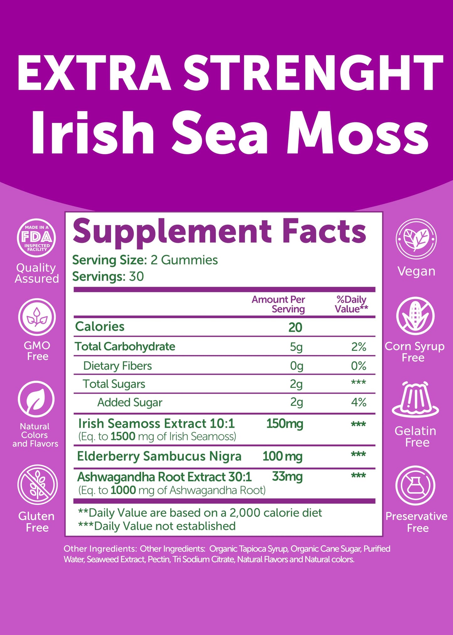 Lunakai Irish Sea Moss Gummies with Ashwagandha & Elderberry – USA Made Immune & Stress Support, 60 Gummies