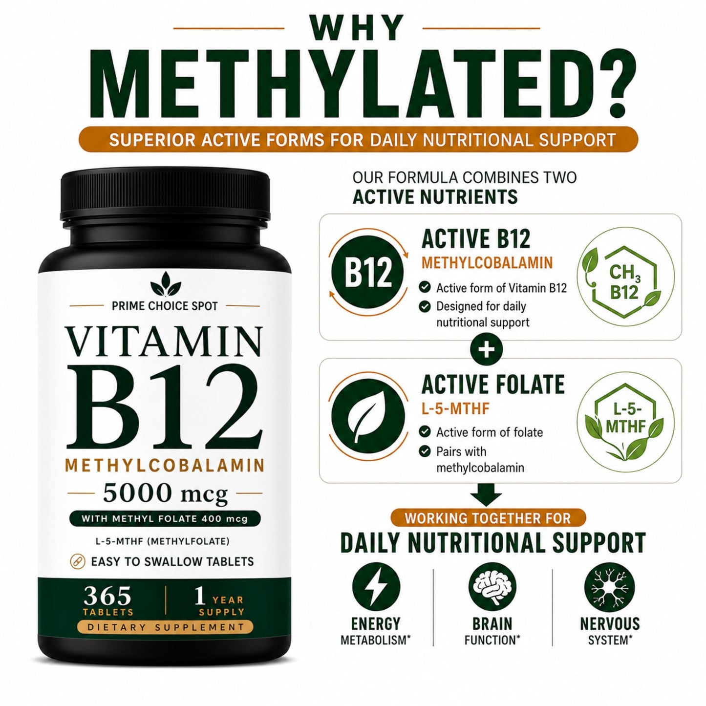 Prime Choice Spot LLC Vitamin B12 5000mcg with Methyl Folate, Methylcobalamin Tablets, 365 Tablets