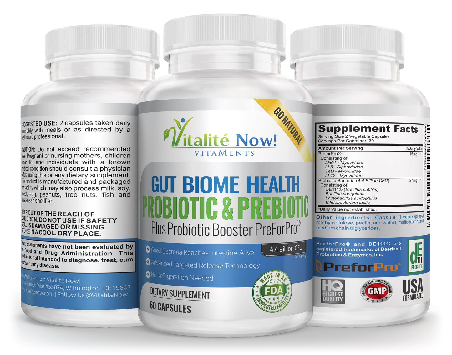 Vitalité Now! Premium Probiotic Plus Ultimate Prebiotic Capsule - Gut Biome Builder & Restoration 60 Count