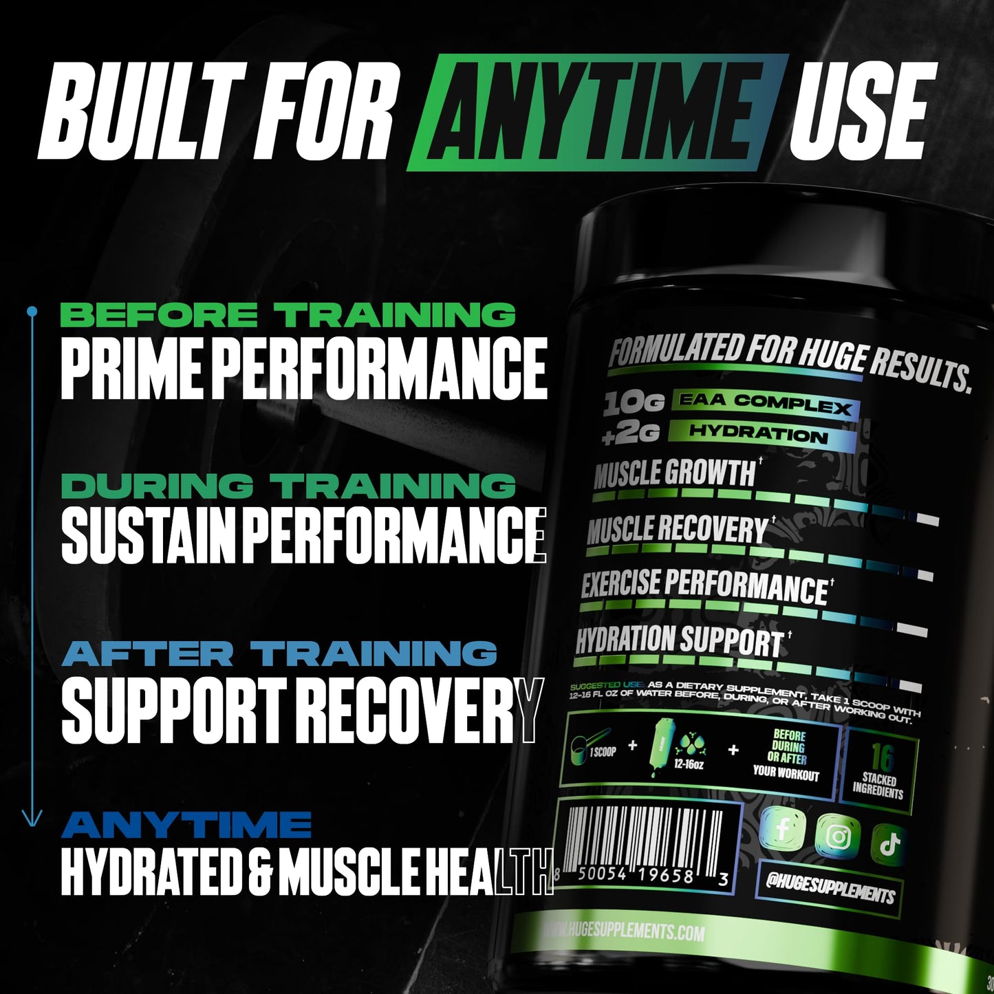 Huge Supplements EAA + Hydration Essential Amino Acids Powder, 15.6 oz