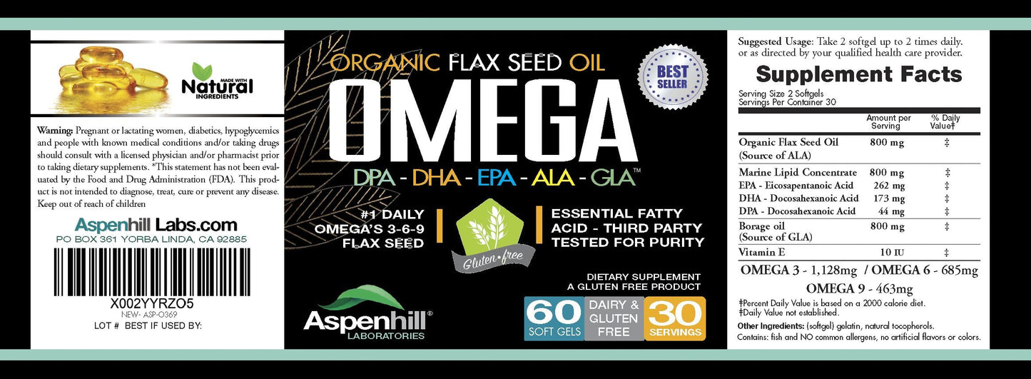 Aspenhill Laboratories Wild Caught Antarctic Omega-3 Fish Oil Super Blend with DPA, EPA, DHA, ALA and GLA with Added Organic Flax Seed Oil Softgels, 60 Count