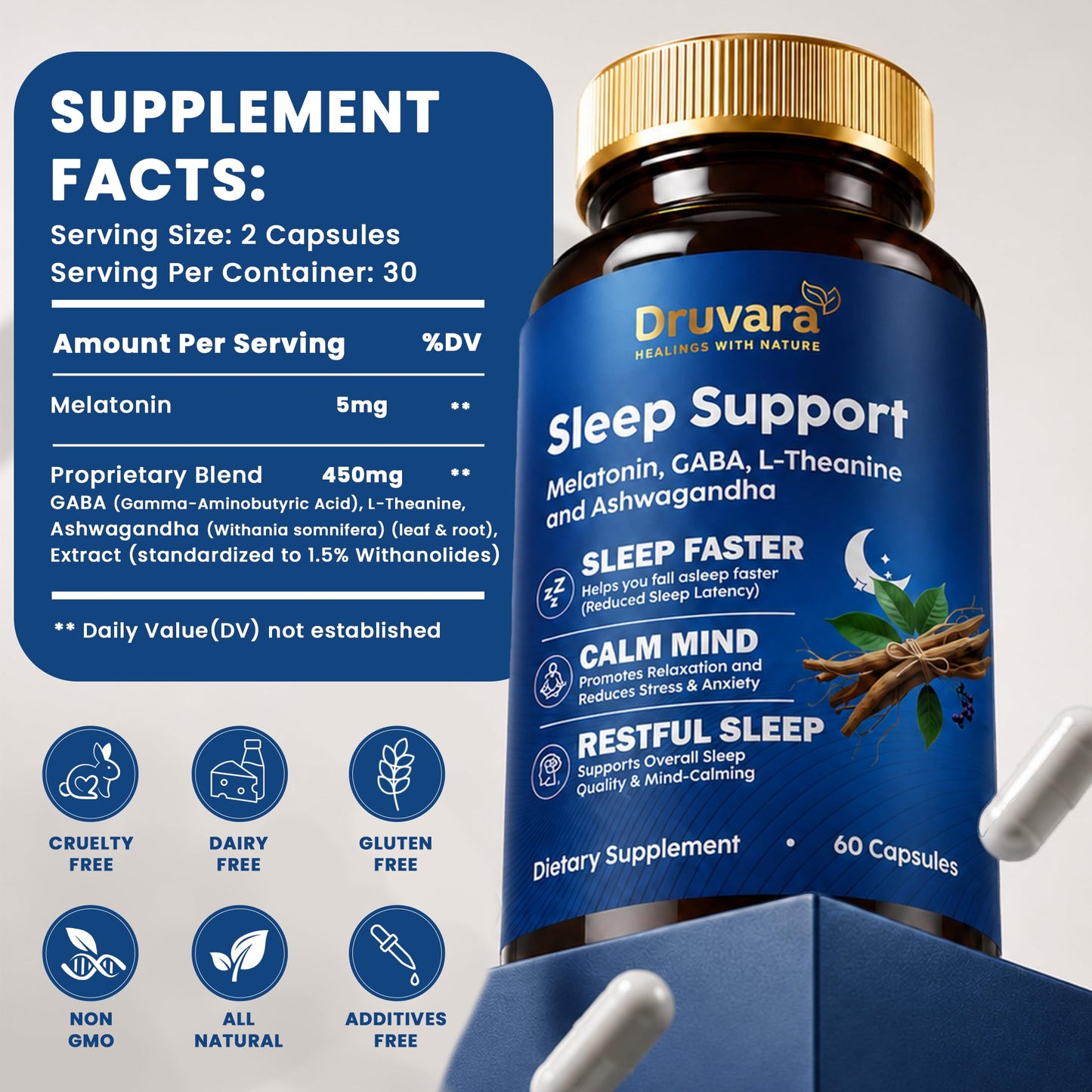 Druvara Natural Sleep Aid for Adults with Melatonin, GABA, L-Theanine & Ashwagandha, 60 Capsules