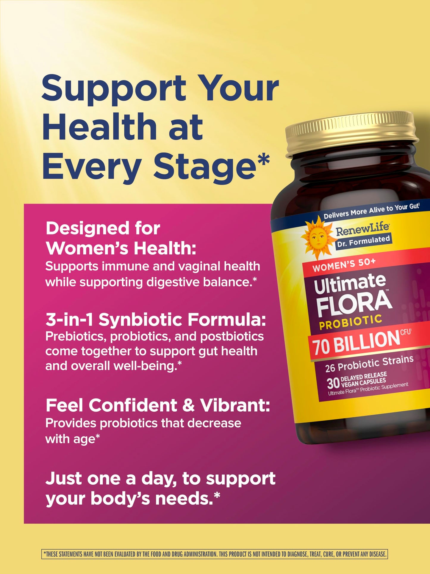 Renew Life Ultimate Flora Probiotics for Women 50+ 70 Billion CFU Delayed Release Vegan Capsules, 30 Count