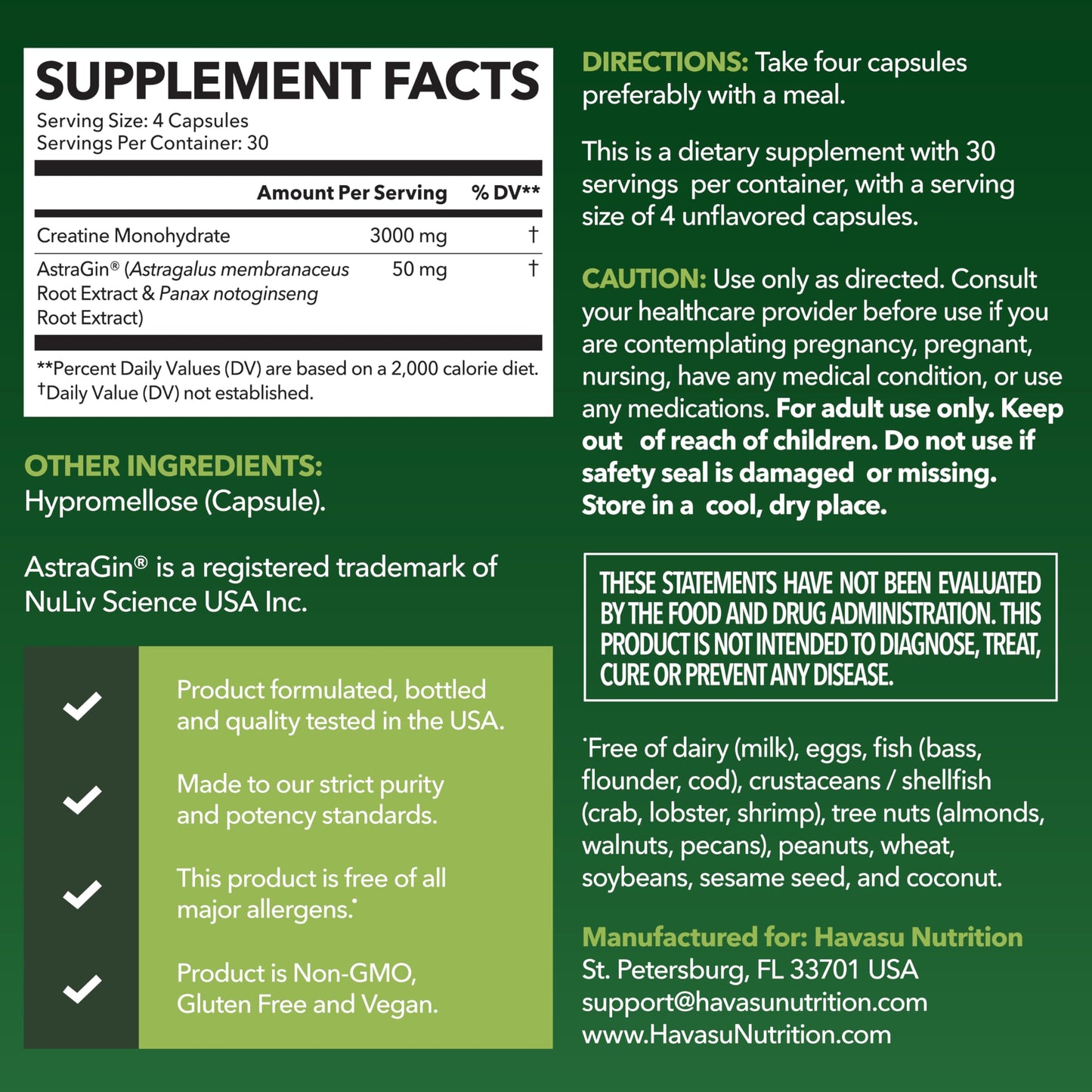 HAVASU NUTRITION Micronized Creatine Monohydrate Capsules, 120 Count