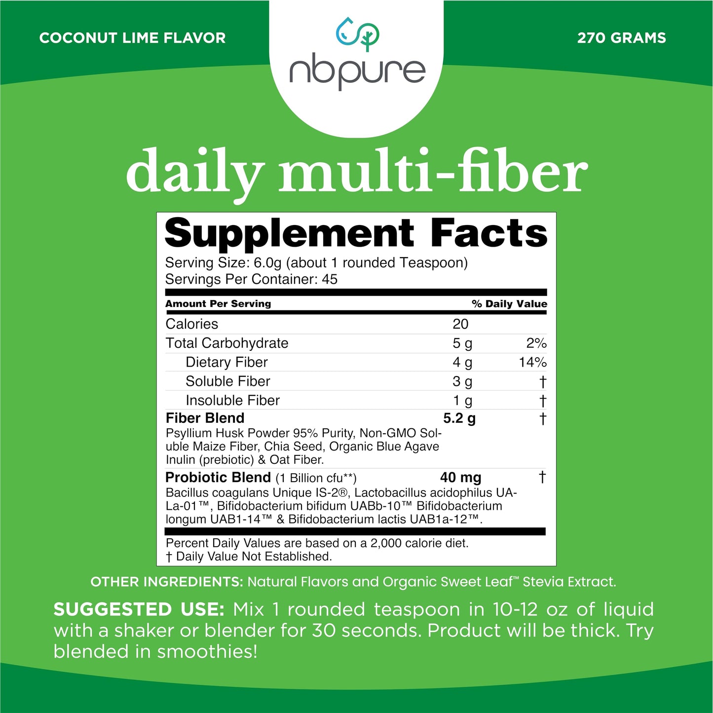 nbpure Daily Fiber Powder Blend for Digestive Health, Cholesterol Support, Healthy Weight Management - with Prebiotic, Insoluble, Soluble Fiber + 4 Probiotic Strains, Coconut Lime, Powder, 9.5 oz