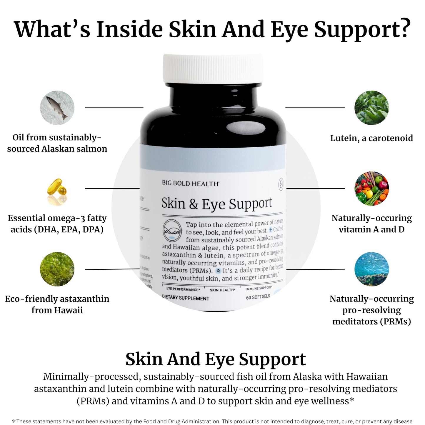 BIG BOLD HEALTH Skin & Eye Support Omega-3 Complex with Alaskan Salmon Oil, DHA, Astaxanthin & Lutein - 60 Softgels
