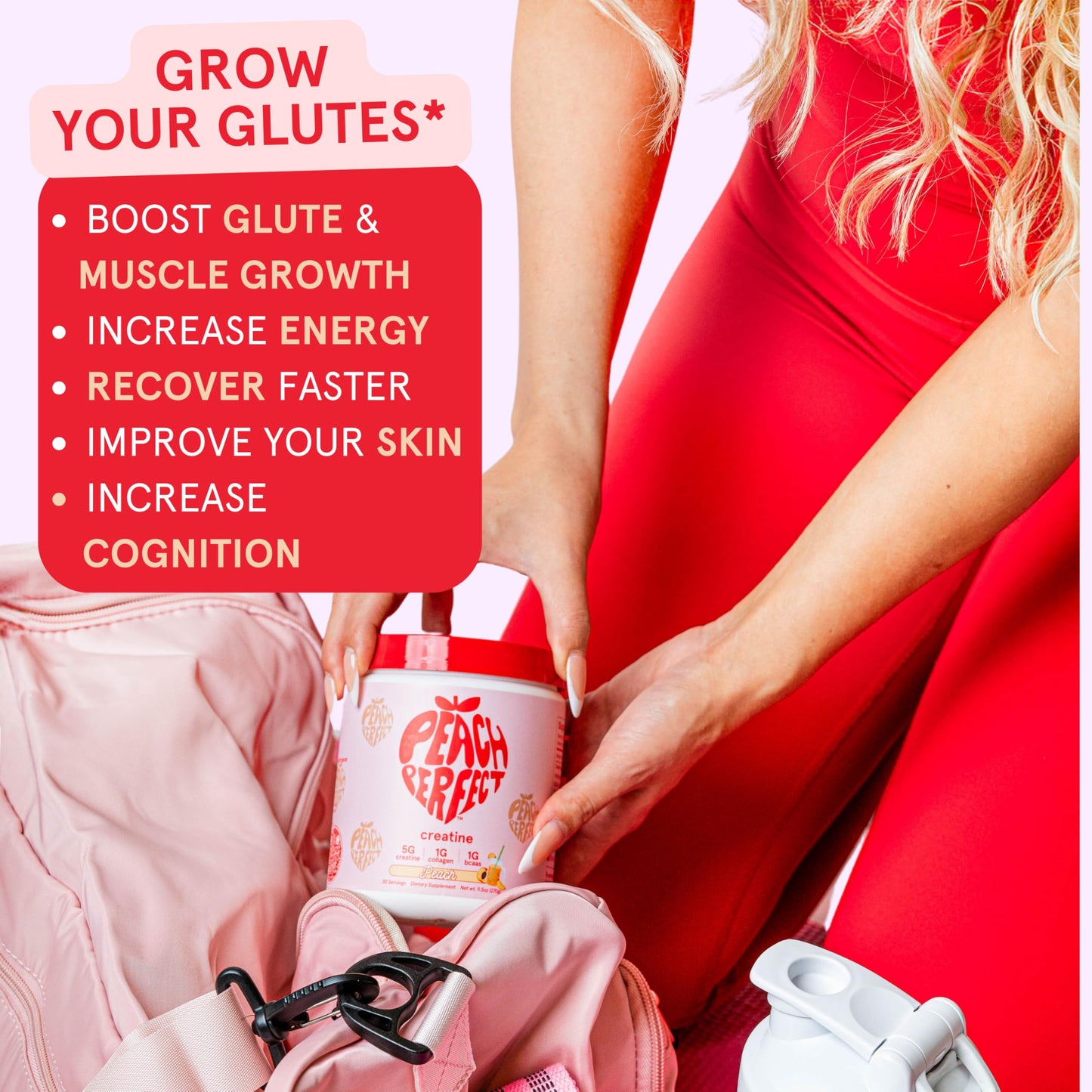 Peach Perfect Creatine for Women – Micronized Creatine Monohydrate Powder with BCAA & Collagen for Glute Strength Support, Boost Energy, Focus, Strength, and Endurance – Strawberry Acai, 9.5 Ounce
