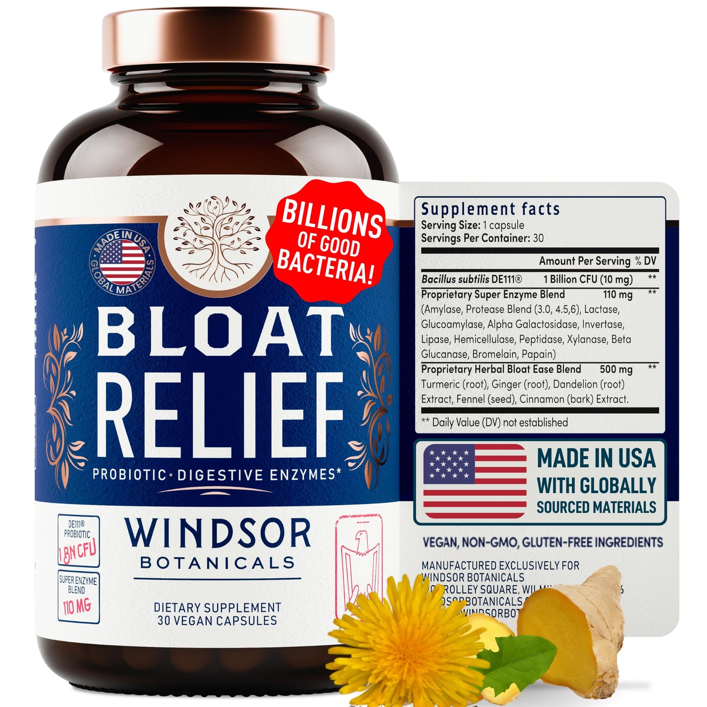 Windsor Botanicals Bloat Relief Probiotic and Digestive Enzymes Capsules 30