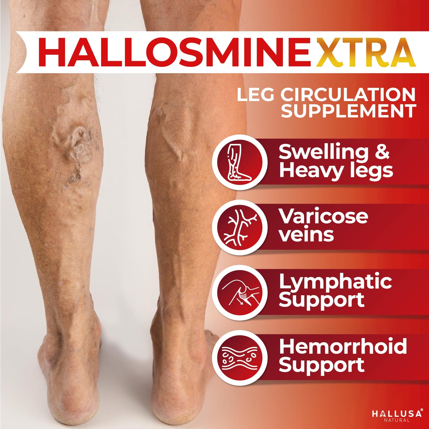 Hallusa Natural Hallosmine Xtra 850mg, Diosmin, Hesperidin & Horse Chestnut, Leg Circulation & Vein Support, Varicose Veins, Hemorrhoids, Lymphatic Drainage, 60 Capsules