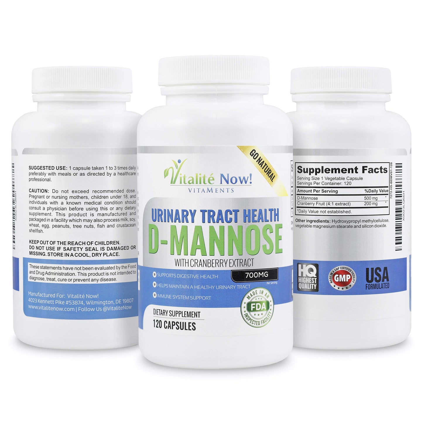 Vitalité Now! High Strength Pure D-Mannose with Cranberry Extract for UTIs, 120 Capsules