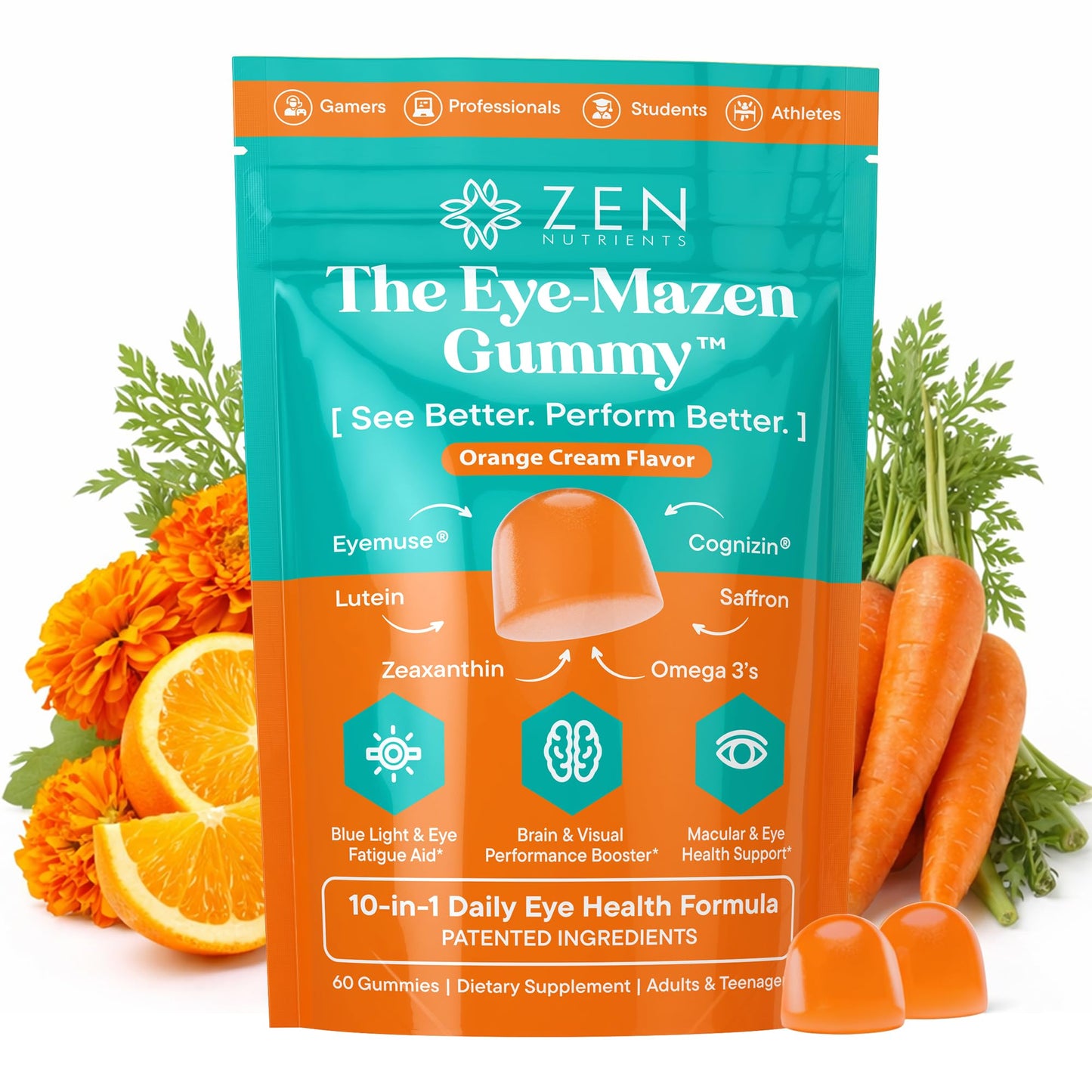 Zen Nutrients Eye-Mazen Gummy Eye Vitamins for Vision and Eye Health with Lutein & Zeaxanthin, Omega-3 & Vitamin A, 60 Count