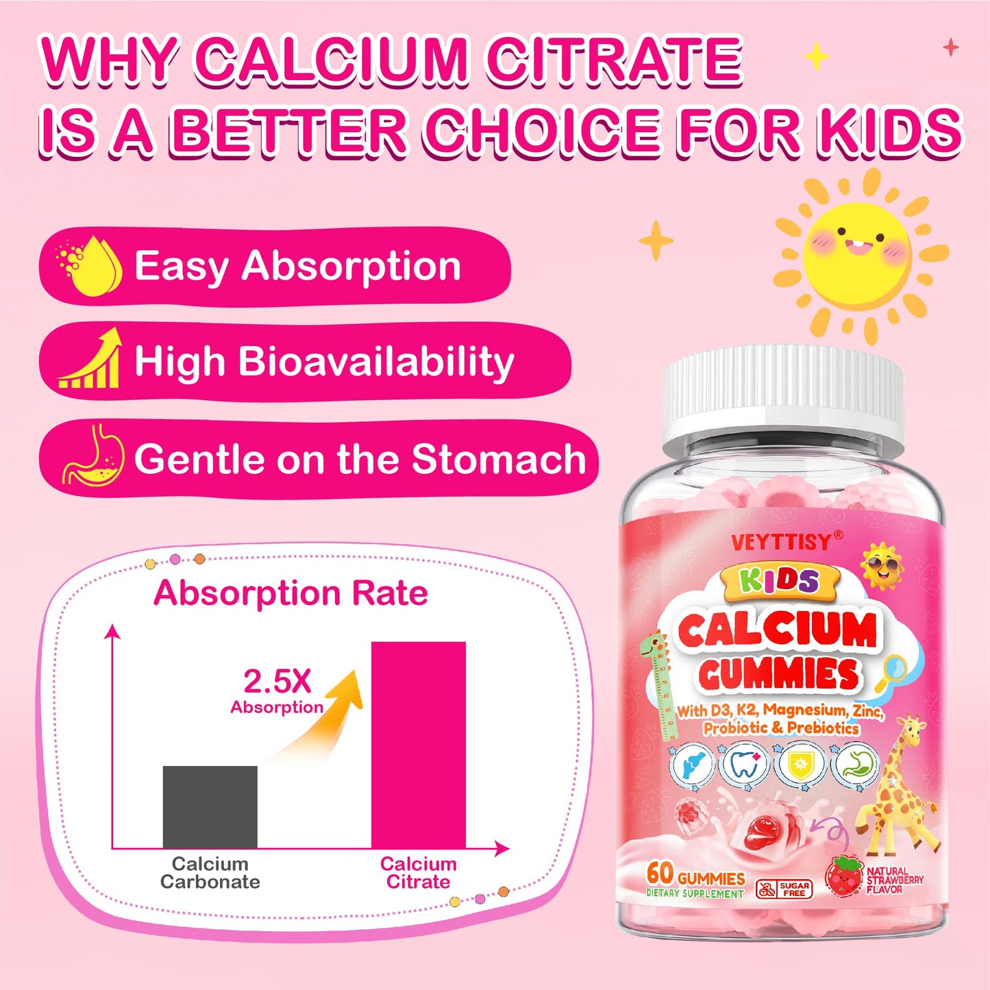 Veyttisy Kids Calcium Gummies with D3 & Magnesium for 4+ Gummy 120 Count
