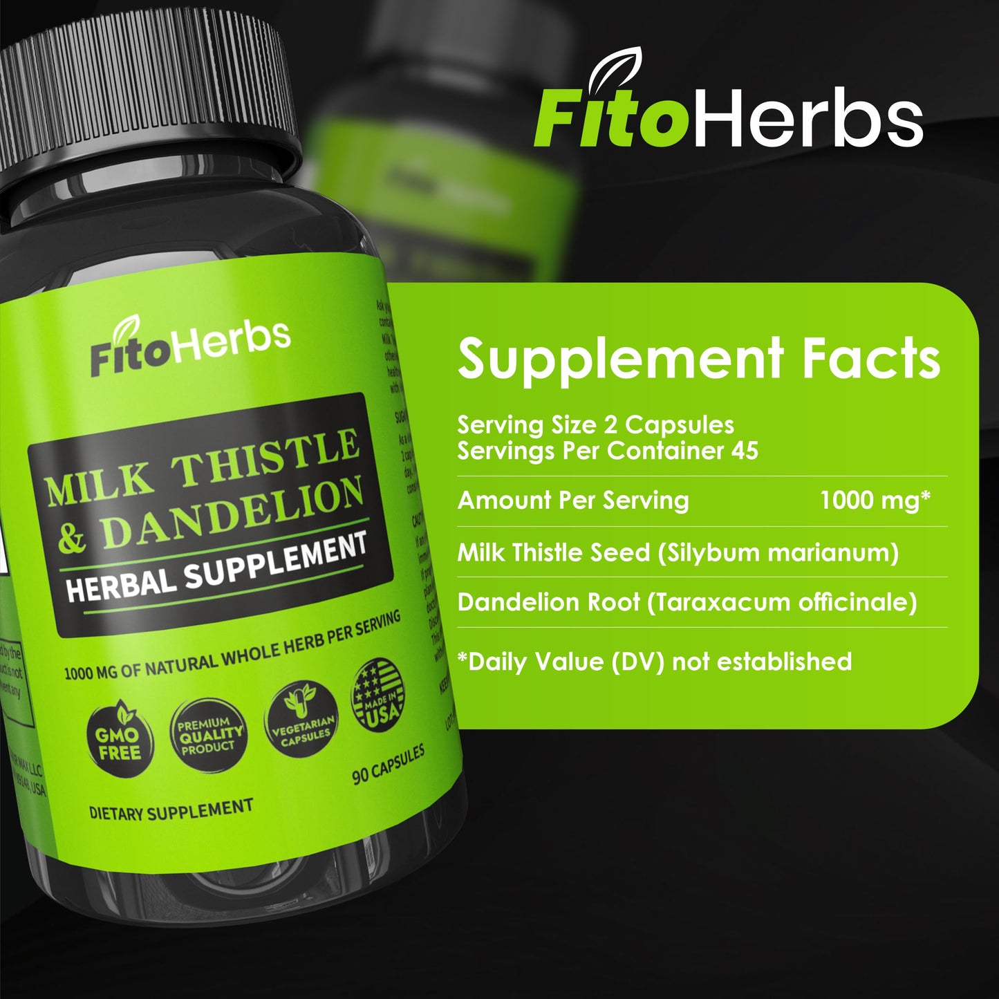 FitoHerbs Milk Thistle & Dandelion 1000mg Capsule, 90 Count