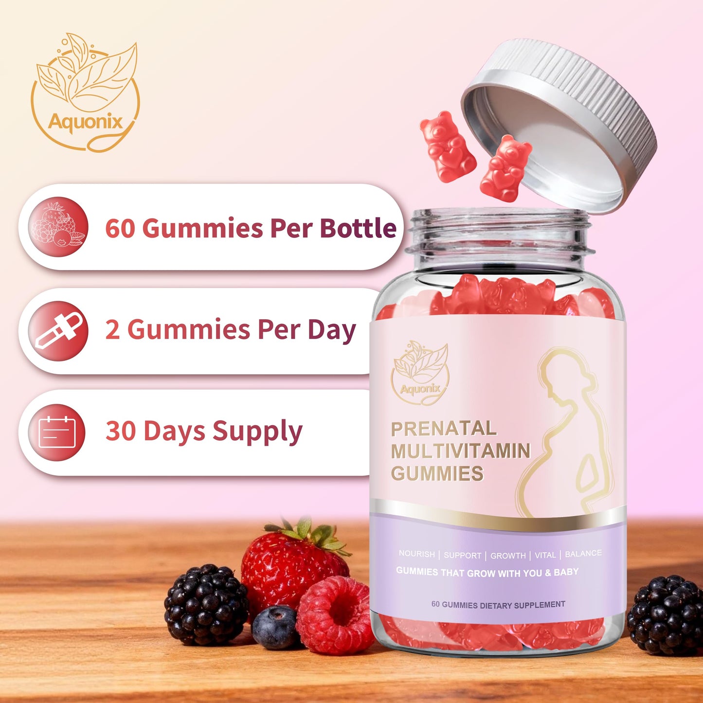 AQUONIX Prenatal Multivitamin Gummies for Women, 60 Gummies